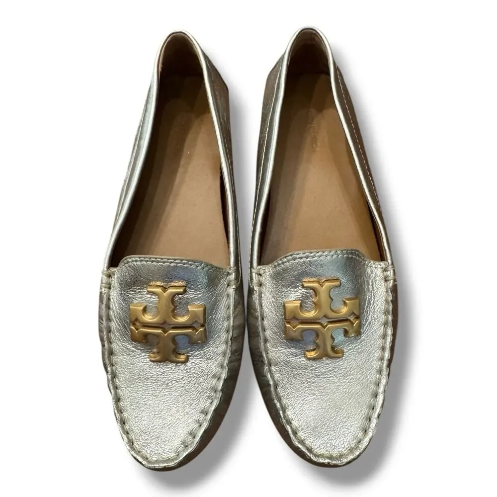Tory Burch Everly Silver Metallic Leather Shoe Logo Luxury Slip On Women’s Sz 9